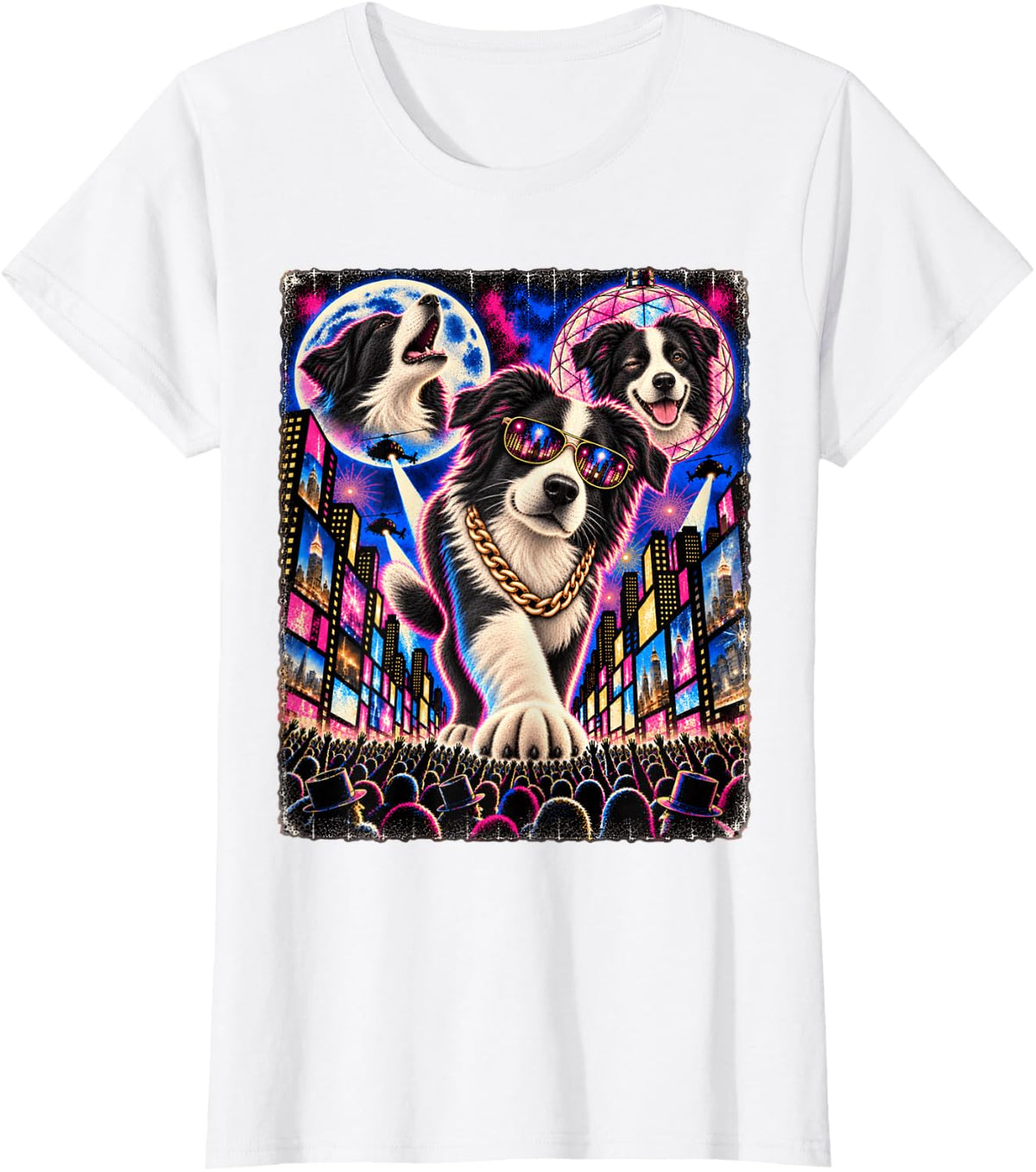 Border Collie Times Square Hip Hop Rap Party Cool Sunglasses T-Shirt - White