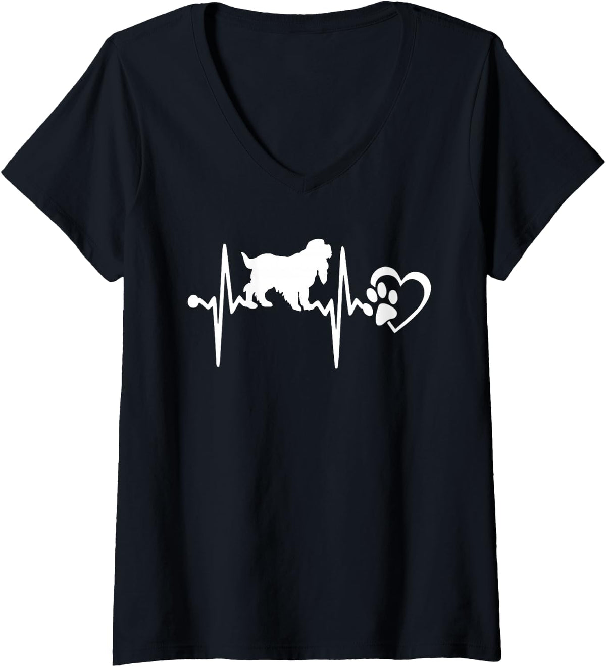 Women's Cocker Spaniel Dog Paw Heartbeat Funny Puppy Lover V-Neck T-Shirt - Black