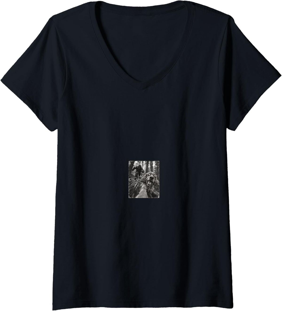 Women's Vintage Bigfoot Running After Cocker Spaniel Selfie Animal V-Neck T-Shirt - Black