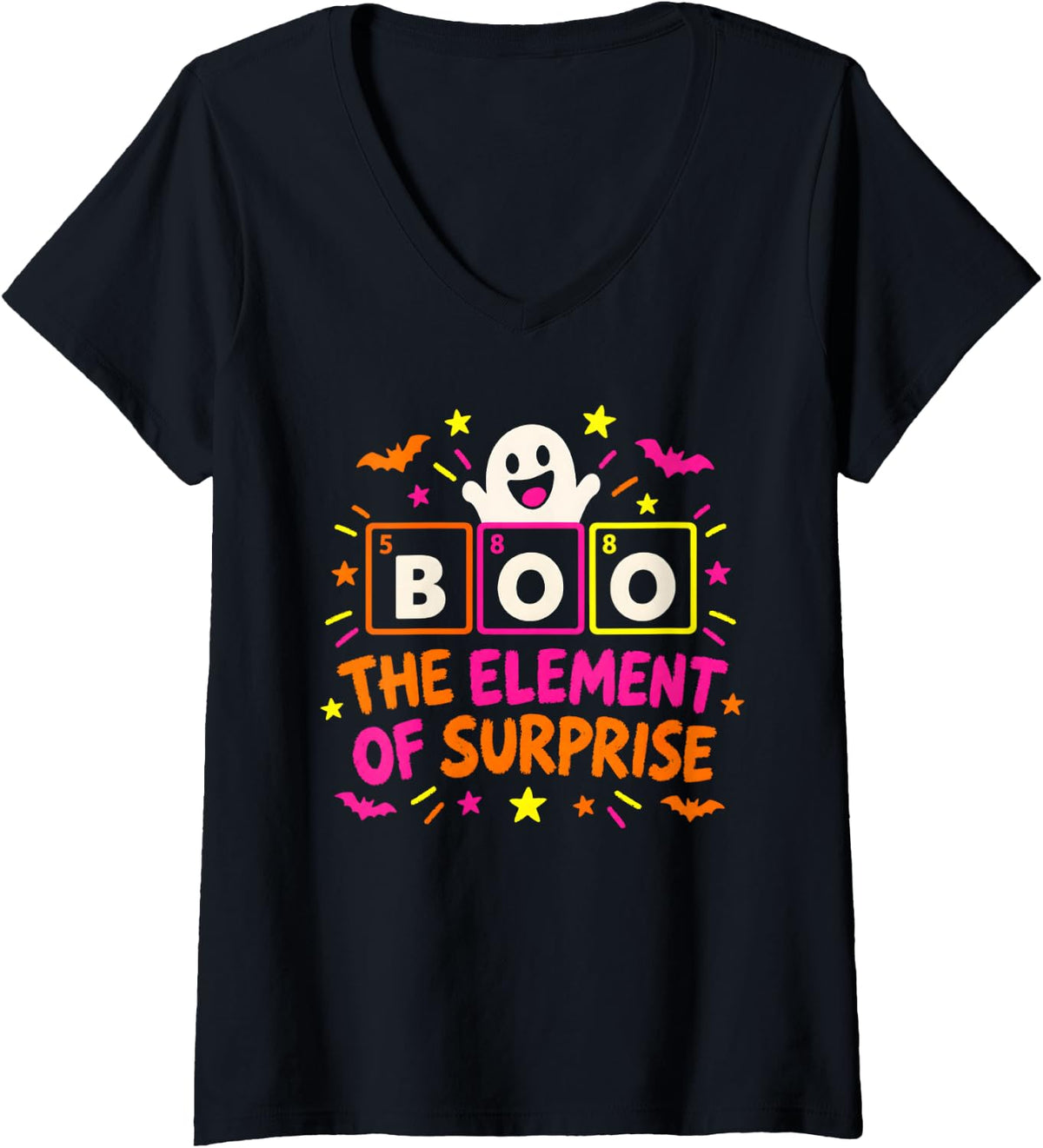 Women's The Element of Surprise Boo Science Chemistry Halloween V-Neck T-Shirt - Black