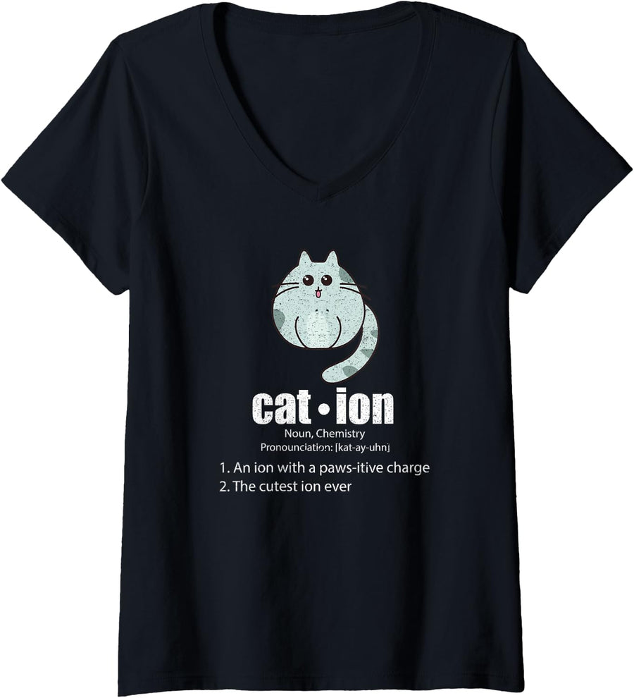 Women's Cation Cute Cat Feline Kitty Chemistry Lover Teacher V-Neck T-Shirt - Black