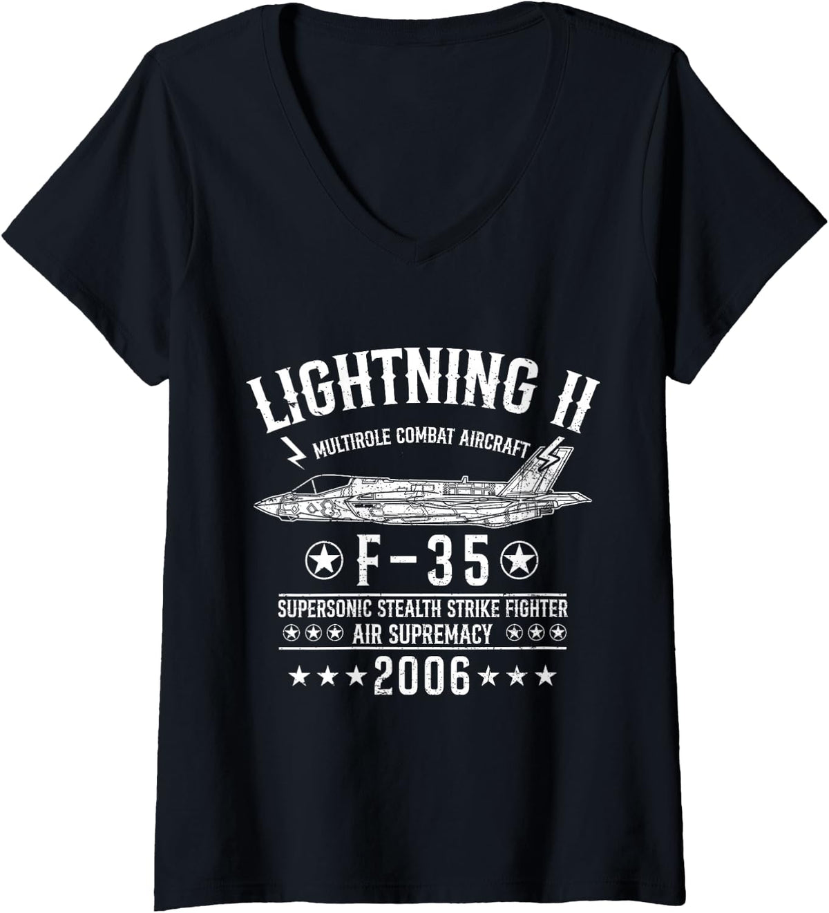 Women's F-35 Lightning Strike Fighter Jet Aviation Military Aircraft V-Neck T-Shirt - Black