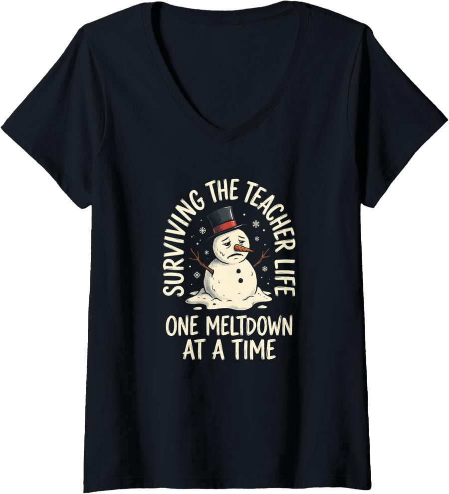 Women's Surviving Teacher Life One Meltdown At Time Funny Christmas V-Neck T-Shirt - Black