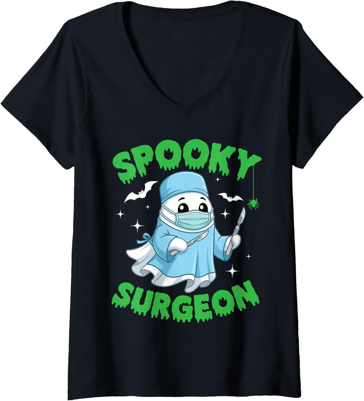 Women's Spooky Surgeon Halloween Cute Ghost Medical Scrub Costume V-Neck T-Shirt - Black