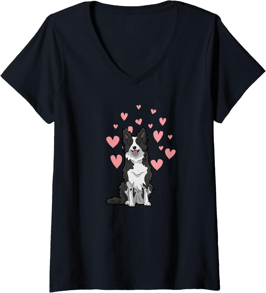 Women's Border Collie Dog with Pink Heart V-Neck T-Shirt - Black