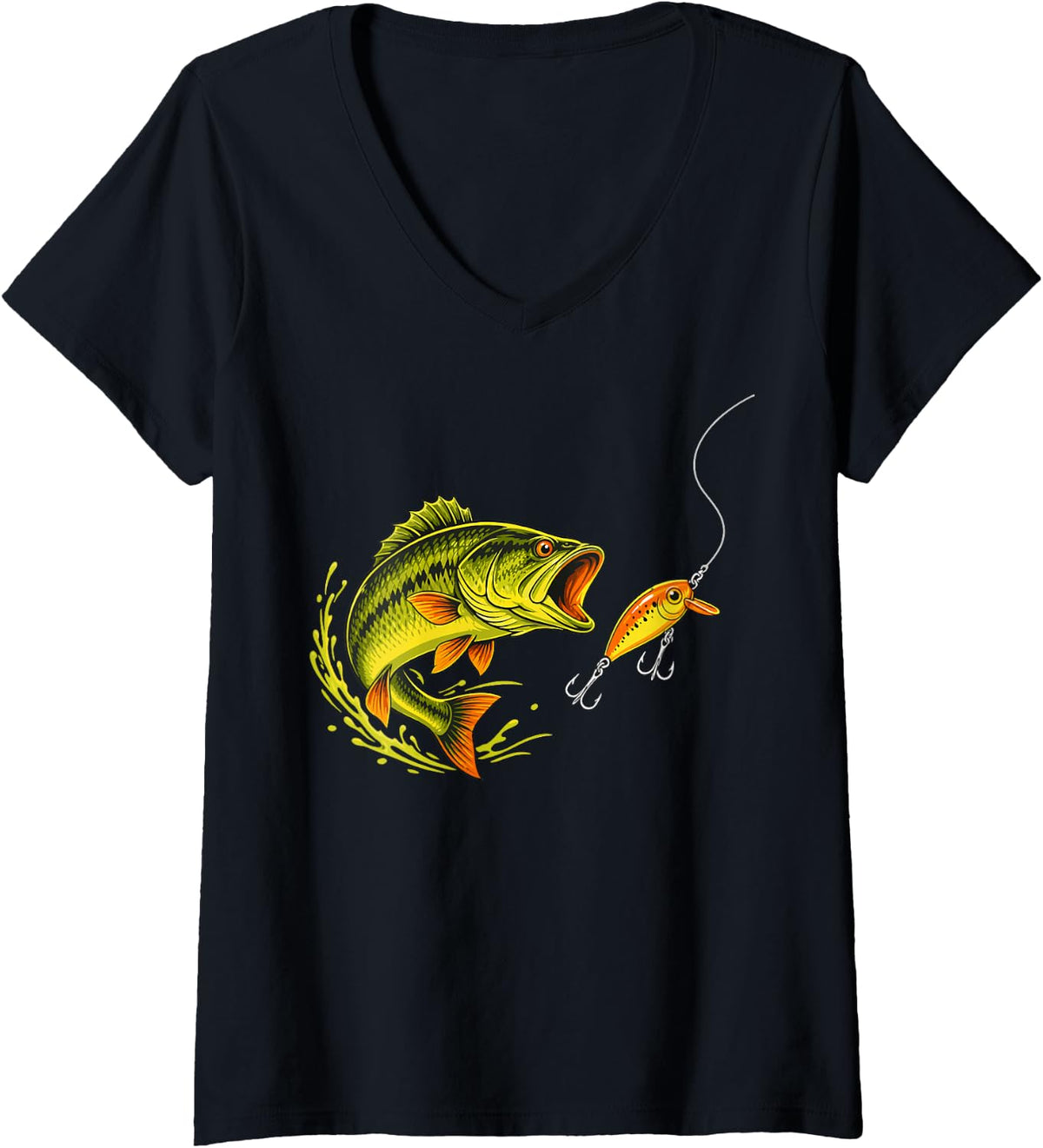 Women's River Fishing Graphic Freshwater Angler Fisherman V-Neck T-Shirt - Black