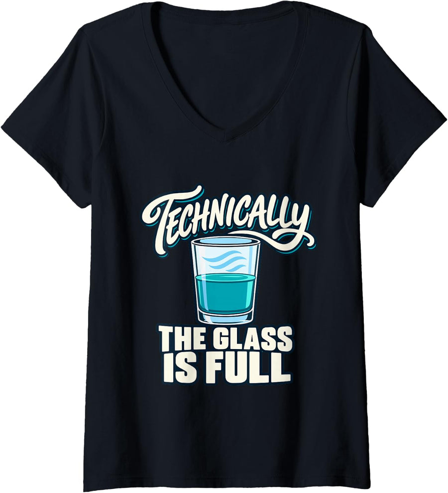Women's Technically the Glass is Full Chemistry Science V-Neck T-Shirt - Black