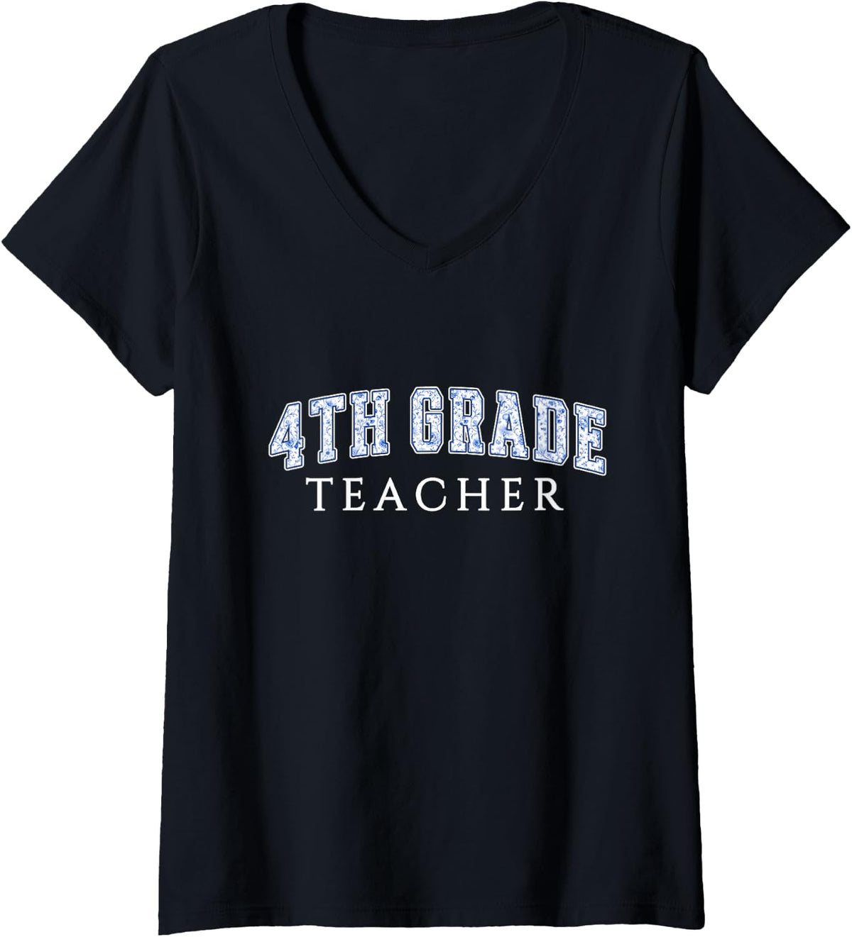Women's 4th Grade Teacher Blue Floral Varsity Letters Fourth Grade V-Neck T-Shirt - Black