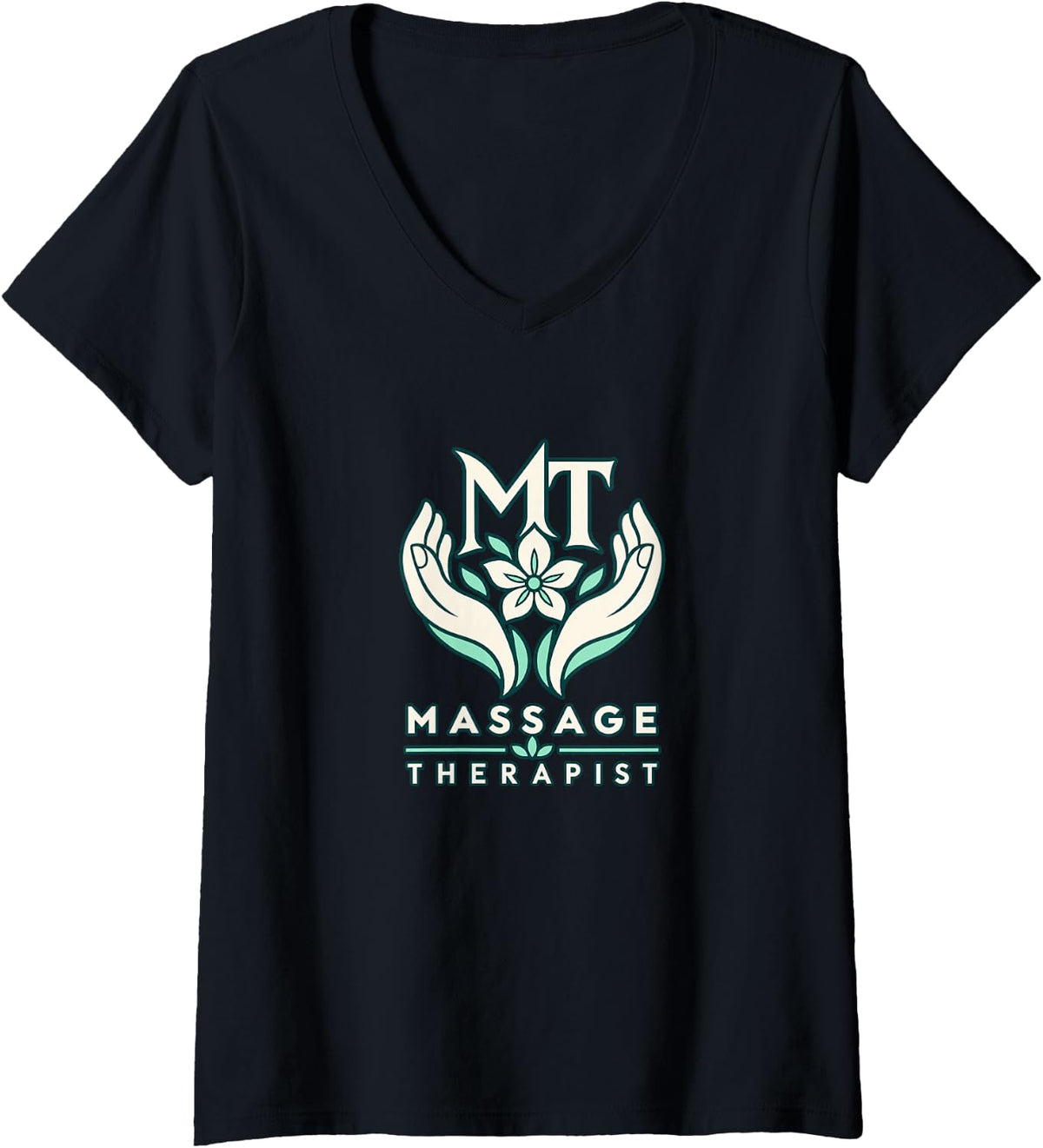 Women's Massage Therapist MT Hands and Flower Graphic V-Neck T-Shirt - Black
