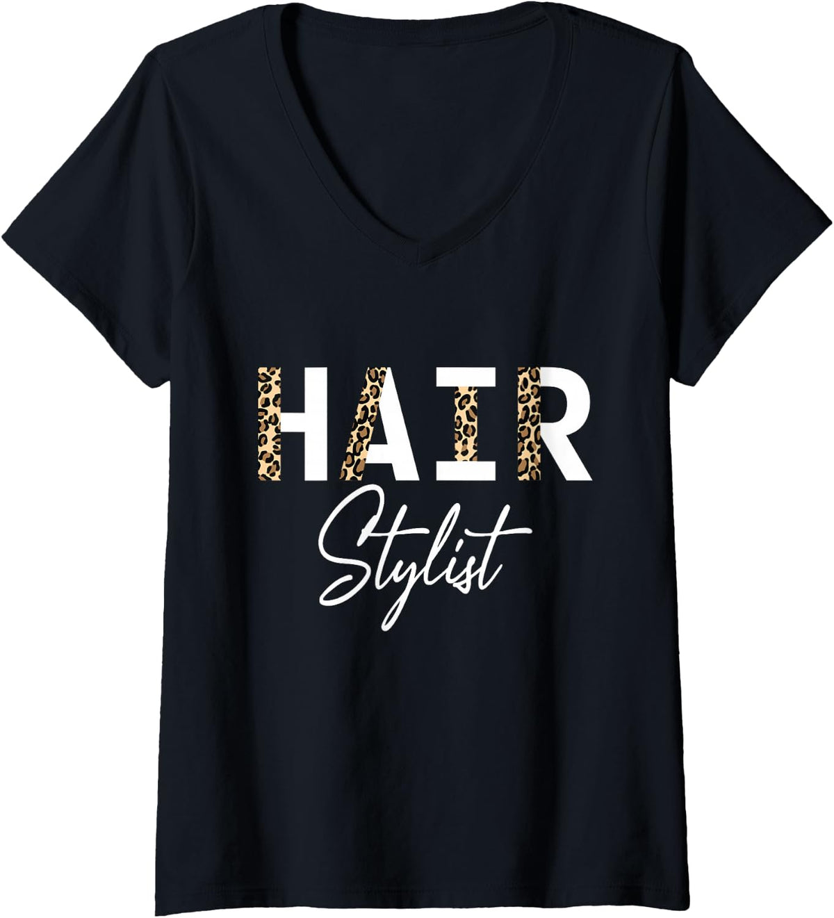 Women's Hair Stylist Leopard Hair Stylist V-Neck T-Shirt - Black