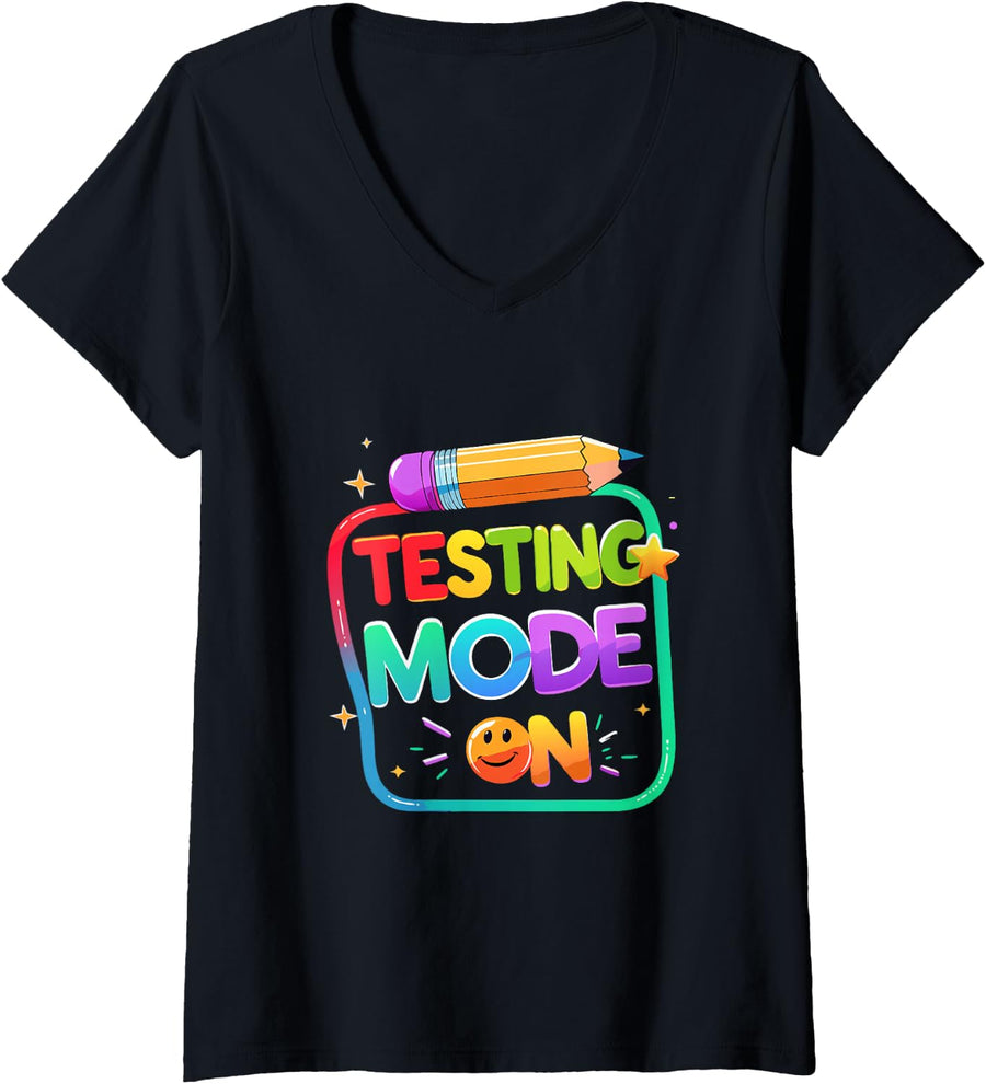 Women's Funny Testing Mode On Teacher Wear for Exam Motivation V-Neck T-Shirt - Black