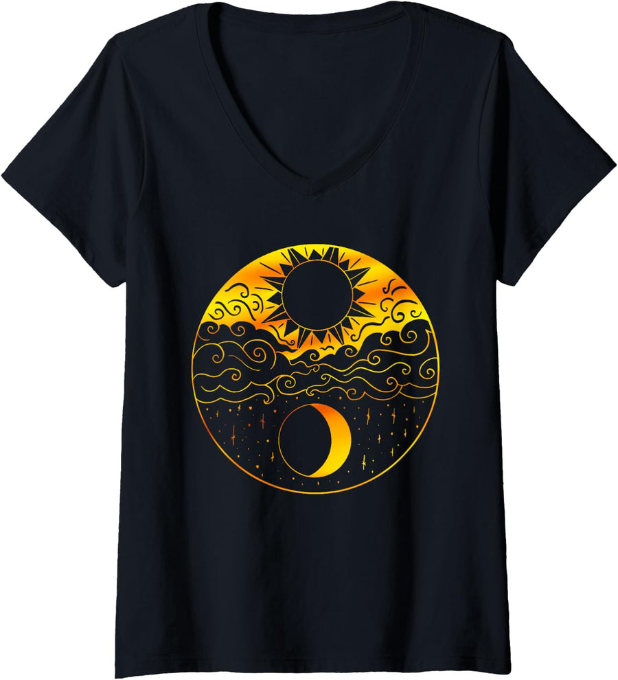 Women's Sun and Moon Yin Yang Star Celestial Meditation Yoga Lovers V-Neck T-Shirt - Black
