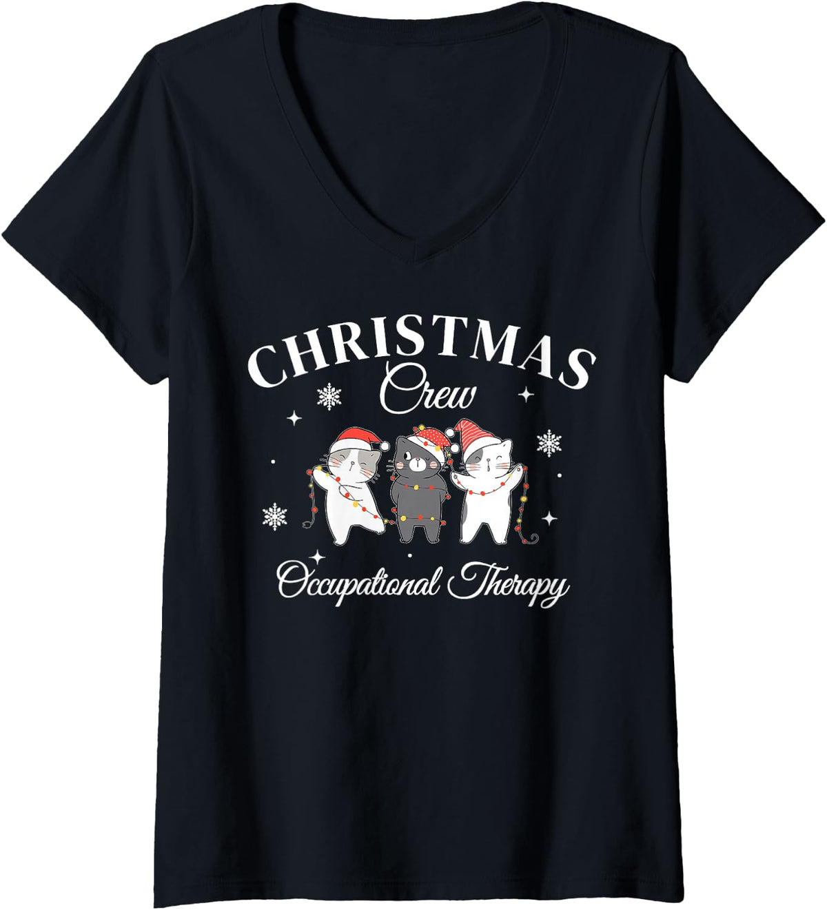 Women's Christmas Crew Occupational Therapy Cat OT Sped Teacher V-Neck T-Shirt - Black