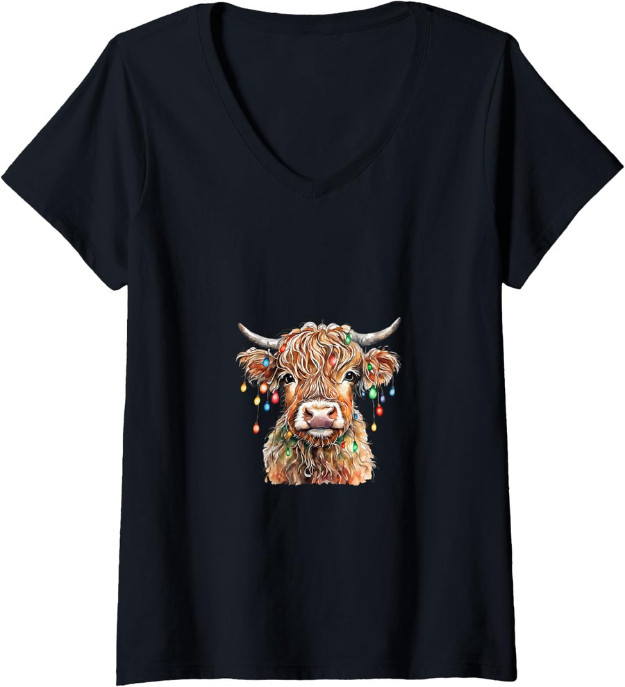Women's Christmas Highland Cow Floral Scottish Cows Boho Black V-Neck T-Shirt - Black