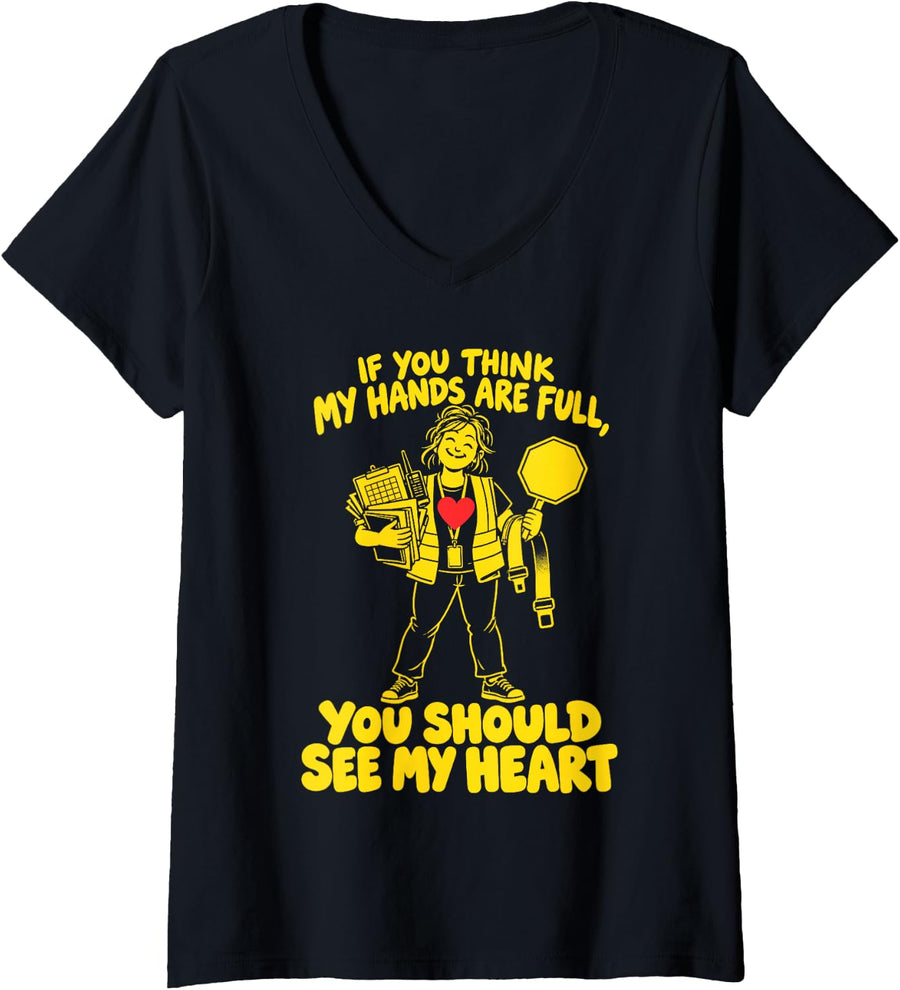 Women's If You Think My Hands are Full See My Heart Bus Monitor Aide V-Neck T-Shirt - Black