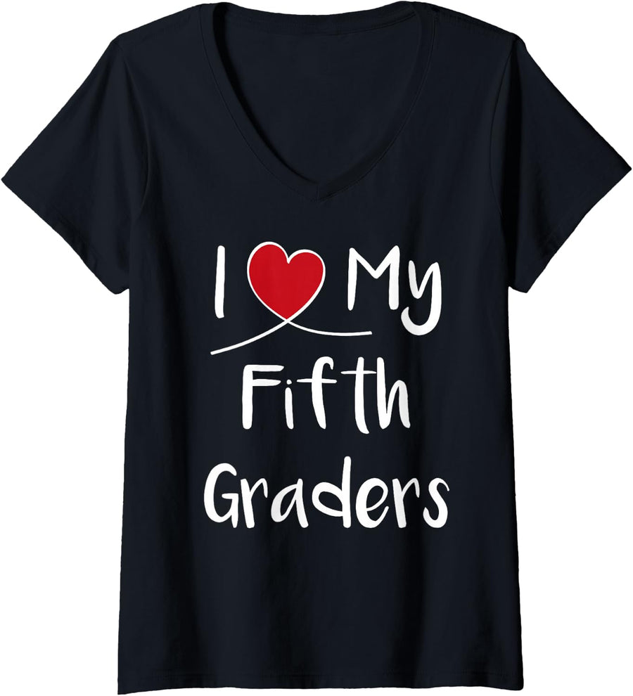 Women's I Love My 5th Graders Fifth Grade Teacher Back to School V-Neck T-Shirt - Black
