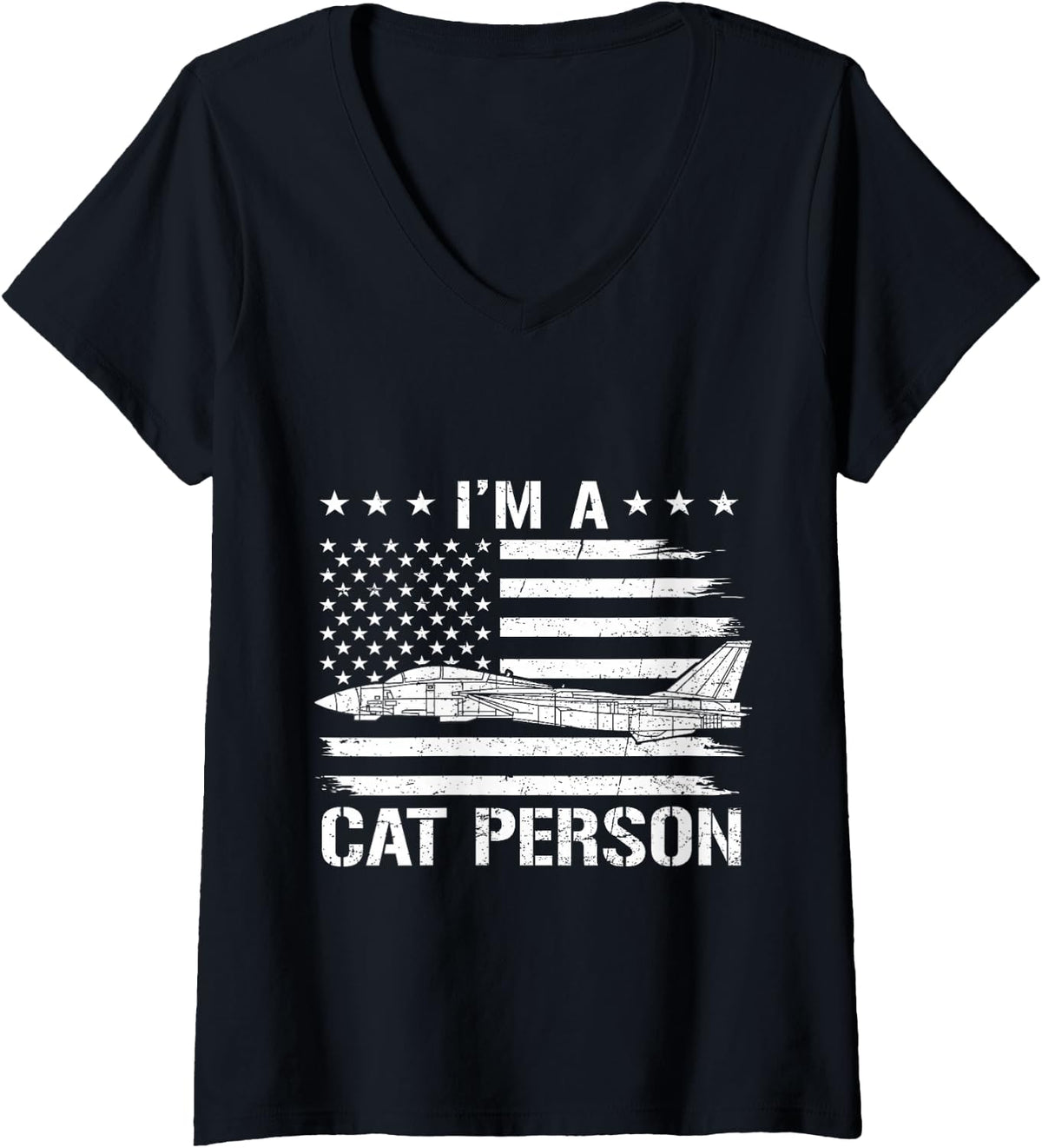Women's I'm A Cat Person Funny F-14 Tomcat Flag US Fighter Jet V-Neck T-Shirt - Black