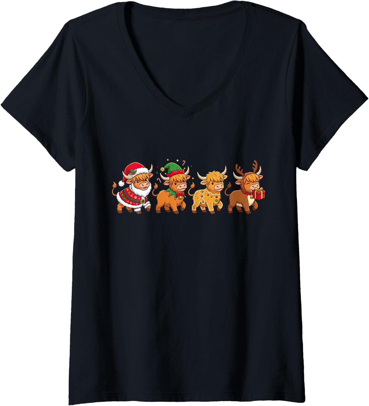 Women's Christmas Highland Cow Santa Elf Gingerbread Womens Mens Kid V-Neck T-Shirt - Black