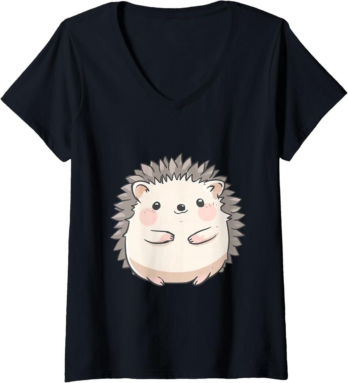 Women's Cute Anime Kawaii Hedgehog Kid Girl Boy Hedgehog Lover V-Neck T-Shirt - Black