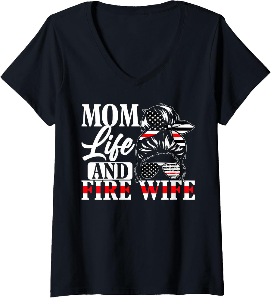 Womens Firefighter Mom Life And Fire Wife Fireman Family Mother V-Neck T-Shirt - Black