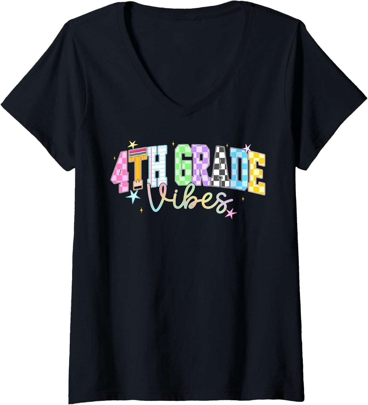 Women's 4th Grade Vibes Shirts Teacher Back to School Fourth Grade V-Neck T-Shirt - Black