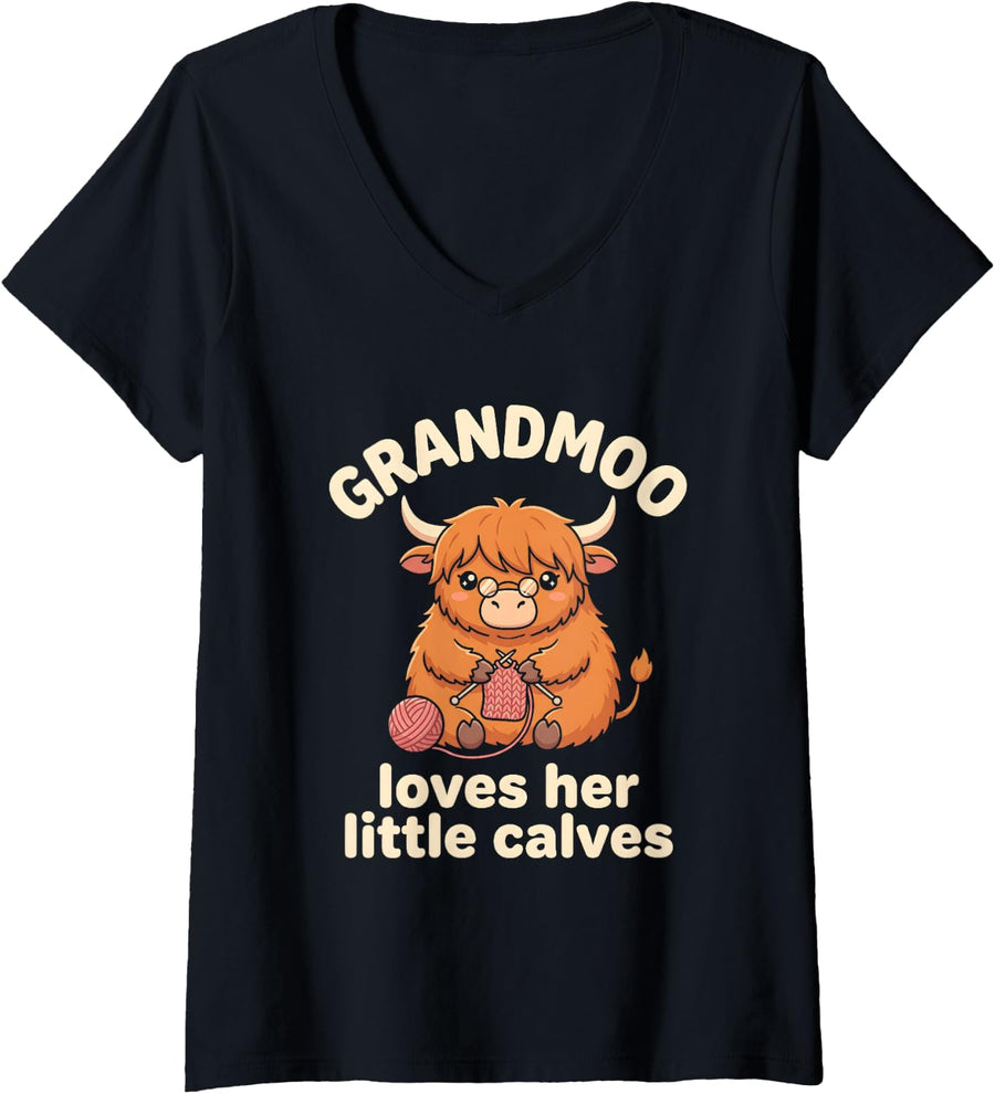Women's Highland Cow Grandma Knitting grandmoo Calves V-Neck T-Shirt - Black