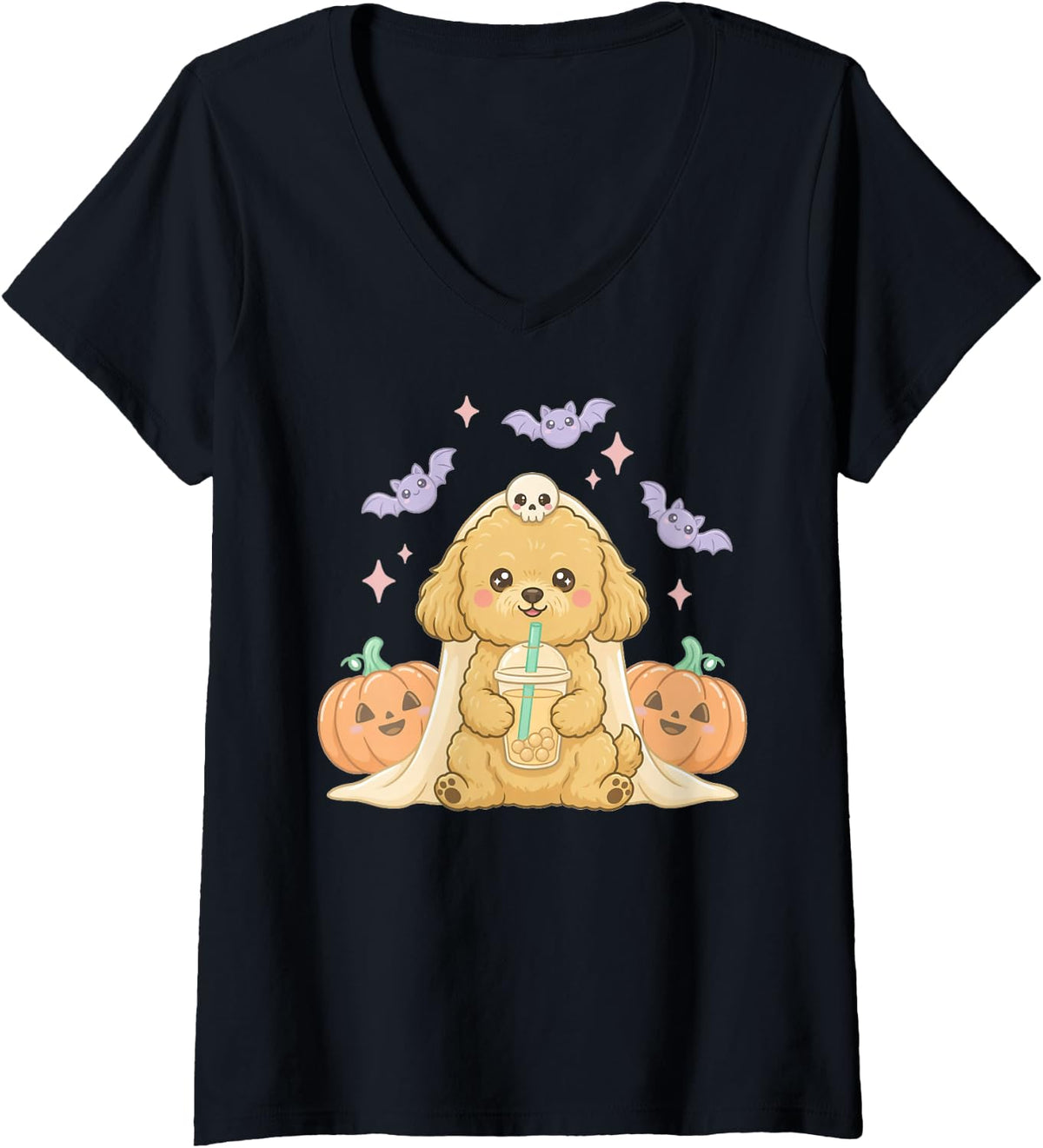Women's Goldendoodle Ghost and Boba Cute Halloween Dog Humor V-Neck T-Shirt - Black