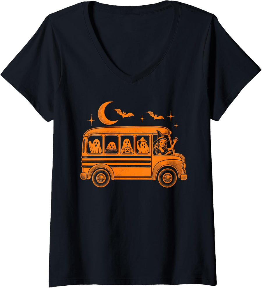 Women's Halloween School Bus Driver Ghost Witch Vintage V-Neck T-Shirt - Black