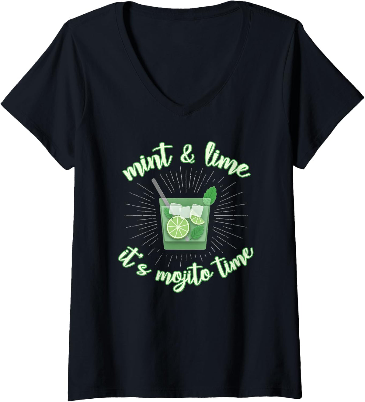 Womens Mint & Lime It's Mojito Time Funny Mojito Drinking V-Neck T-Shirt - Black