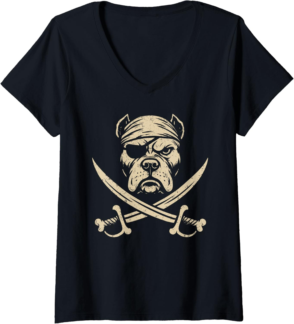 Womens Vintage Pirate Pit Bull Crossbones Dog Lover V-Neck T-Shirt - Black
