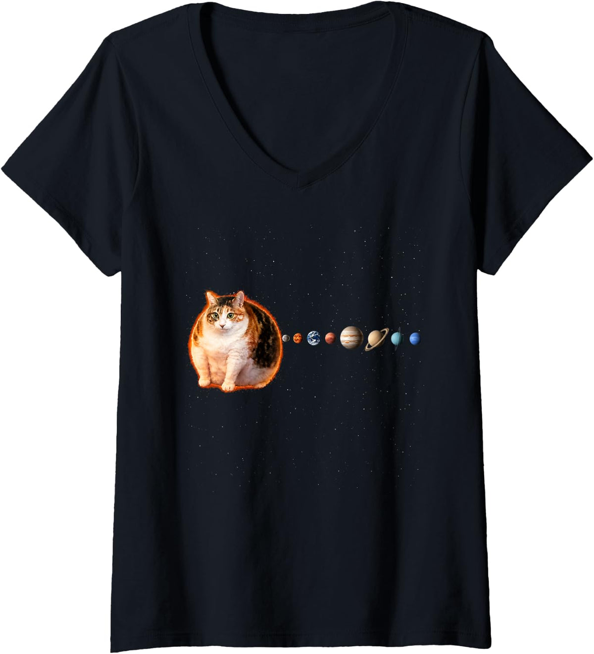 Women's Cat As The Sun Funny Solar System Astronomy Design V-Neck T-Shirt - Black