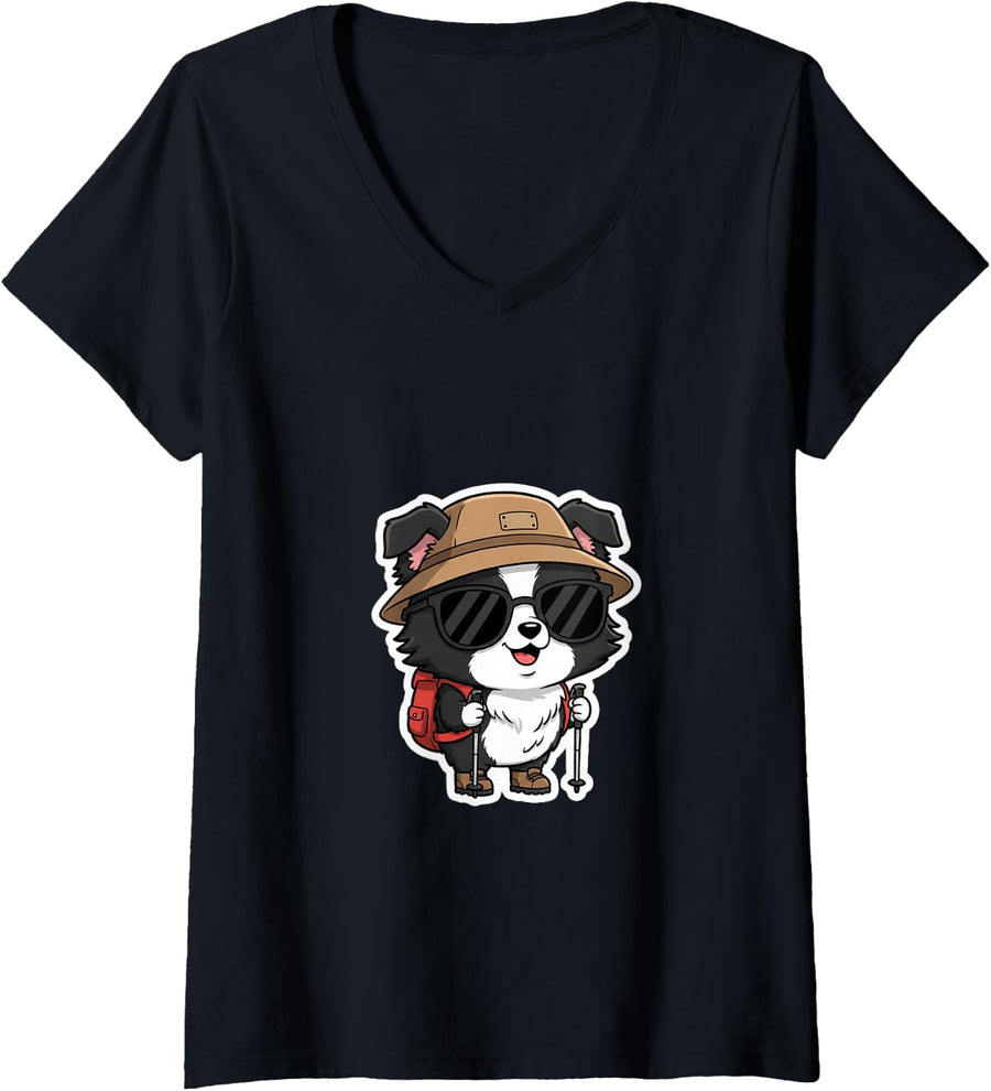Women's Border Collie Hiking Mascot Cute Outdoor Camping Nature Fan V-Neck T-Shirt - Black