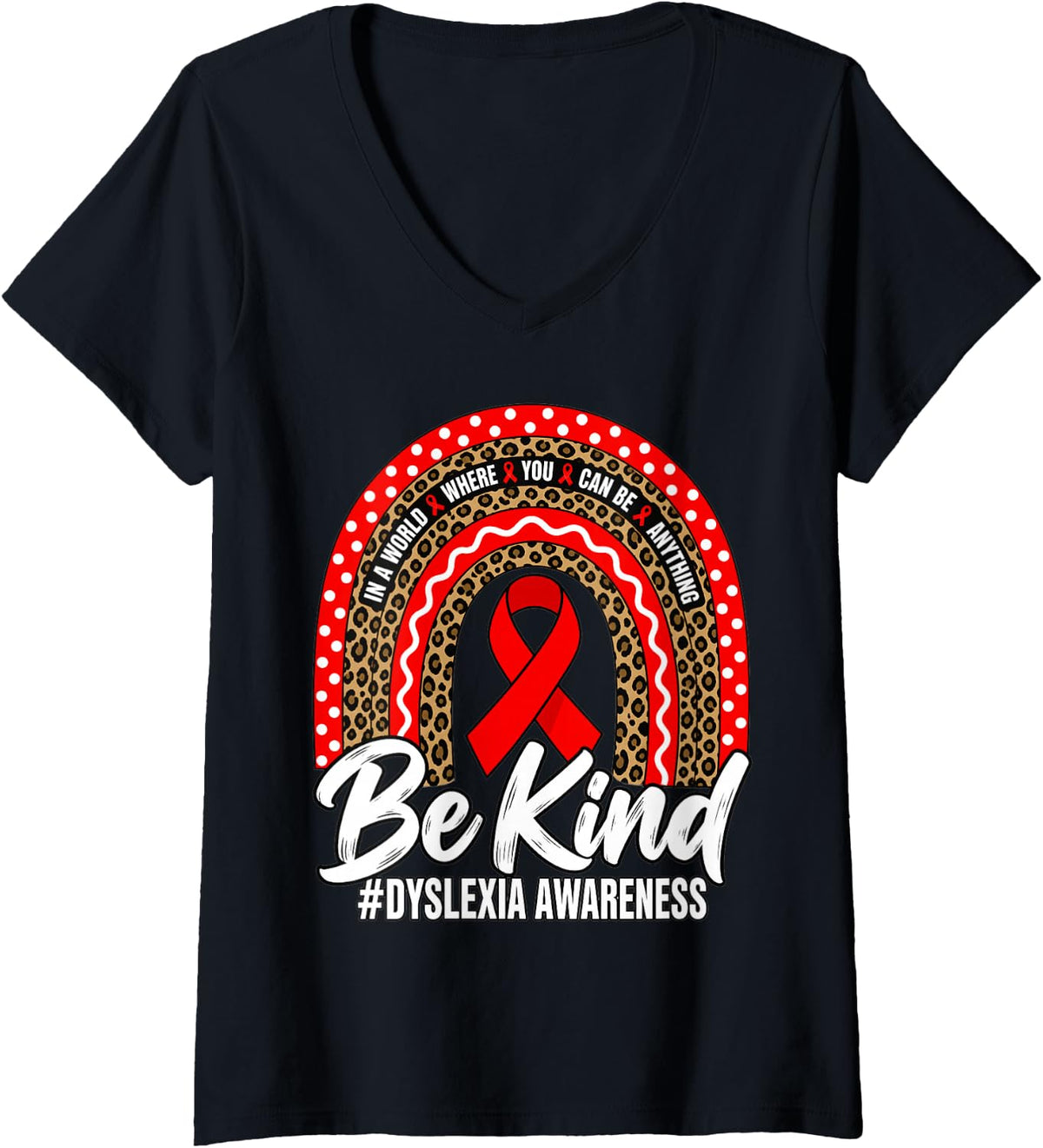Women's Be Kind Leopard Rainbow Dyslexia Awareness Teacher V-Neck T-Shirt - Black