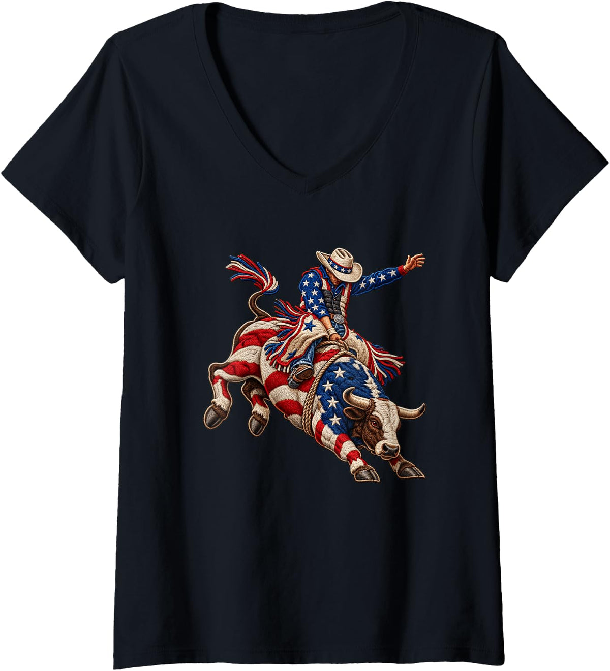 Women's American Rodeo Riding Bull Retro USA Vintage Souvenir Kids V-Neck T-Shirt - Black