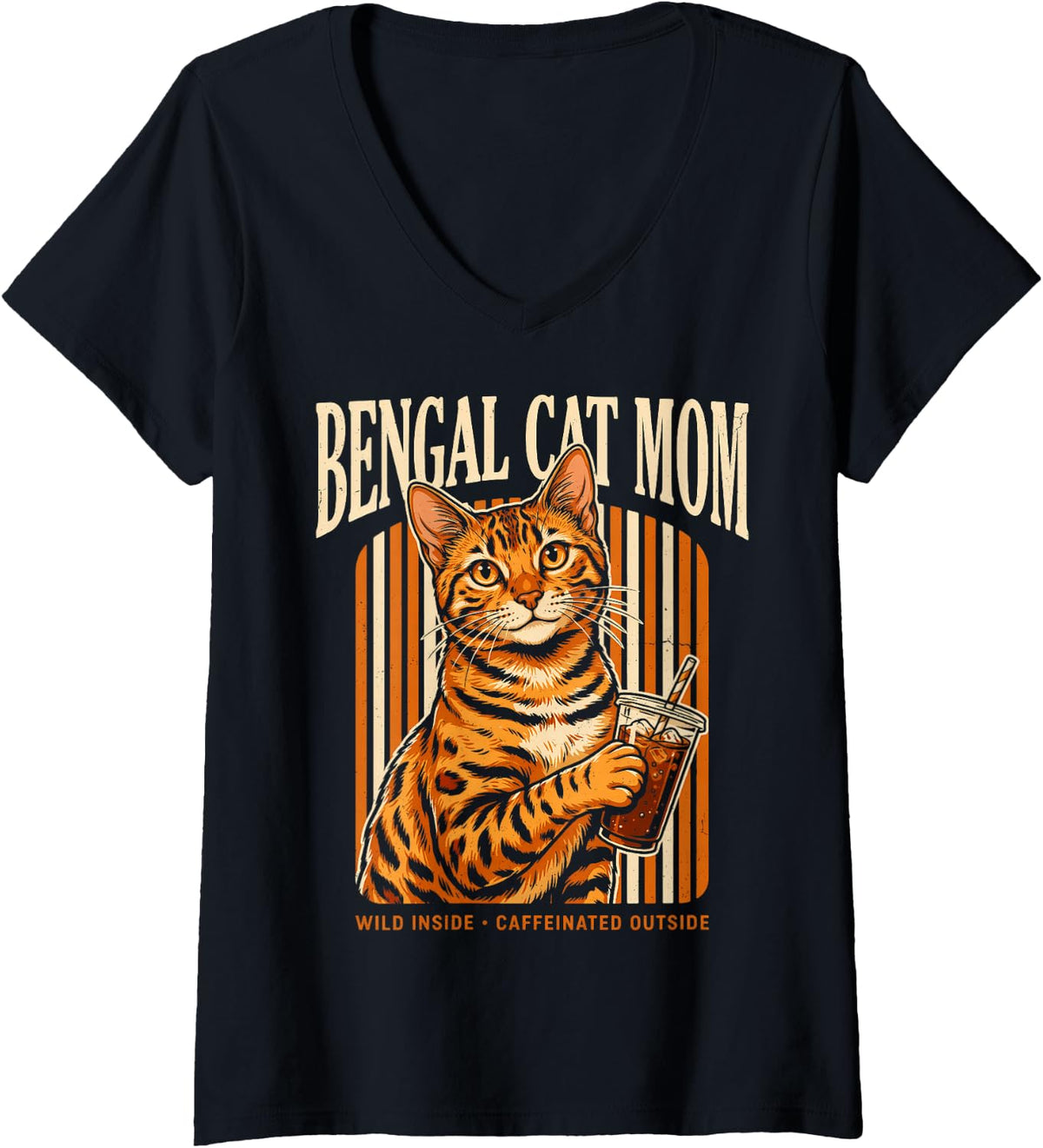 Women's Bengal Cat Mom Wild Inside Caffeinated Outside V-Neck T-Shirt - Black