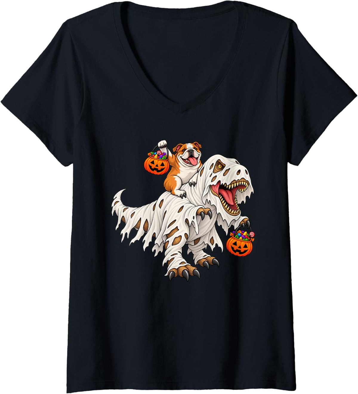 Women's Bulldog Dog Ghost T-Rex Dinosaur Funny Halloween V-Neck T-Shirt - Black