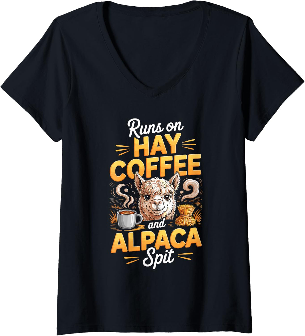 Women's Runs On Hay Coffee and Alpaca Spit Alpaca V-Neck T-Shirt - Black