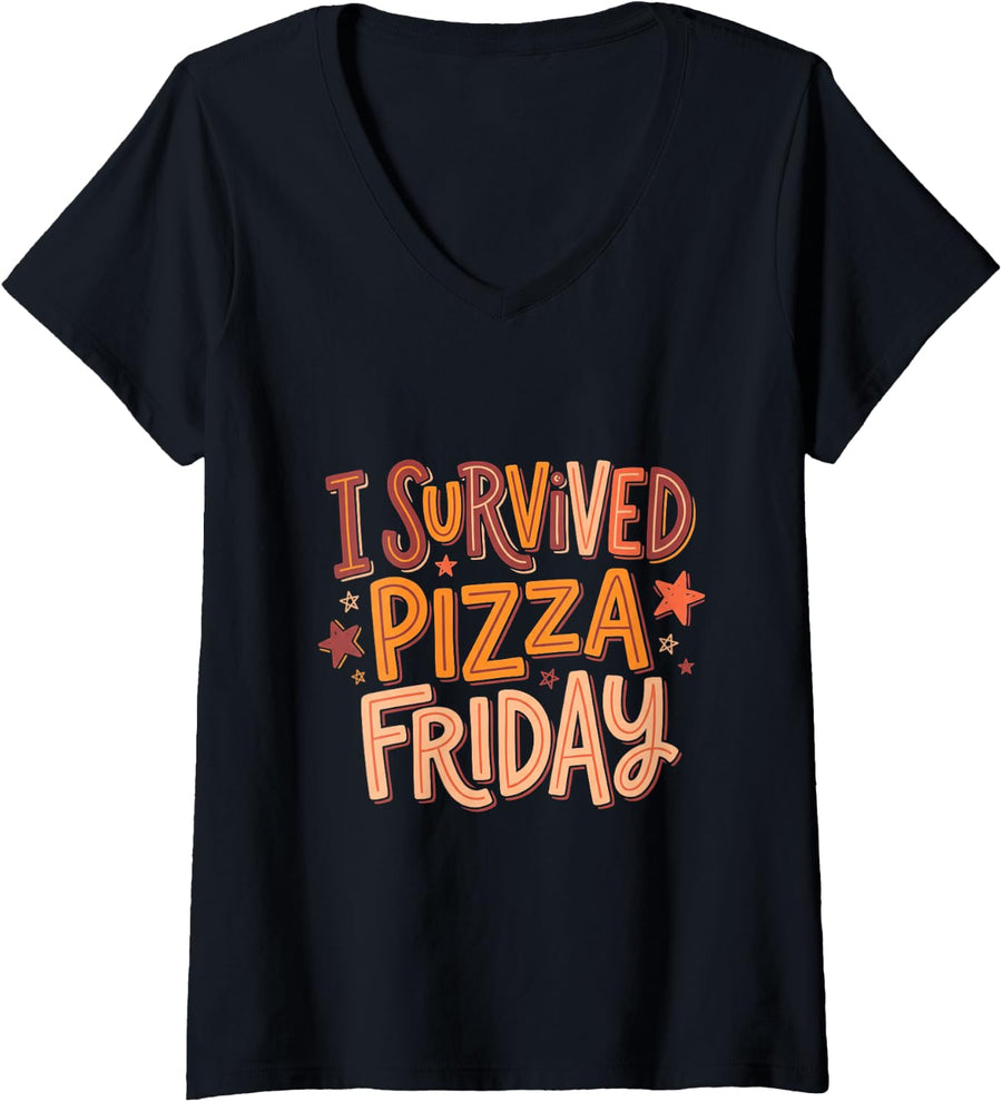 Women's i Survived Pizza Friday Teacher Cafeteria Staff V-Neck T-Shirt - Black