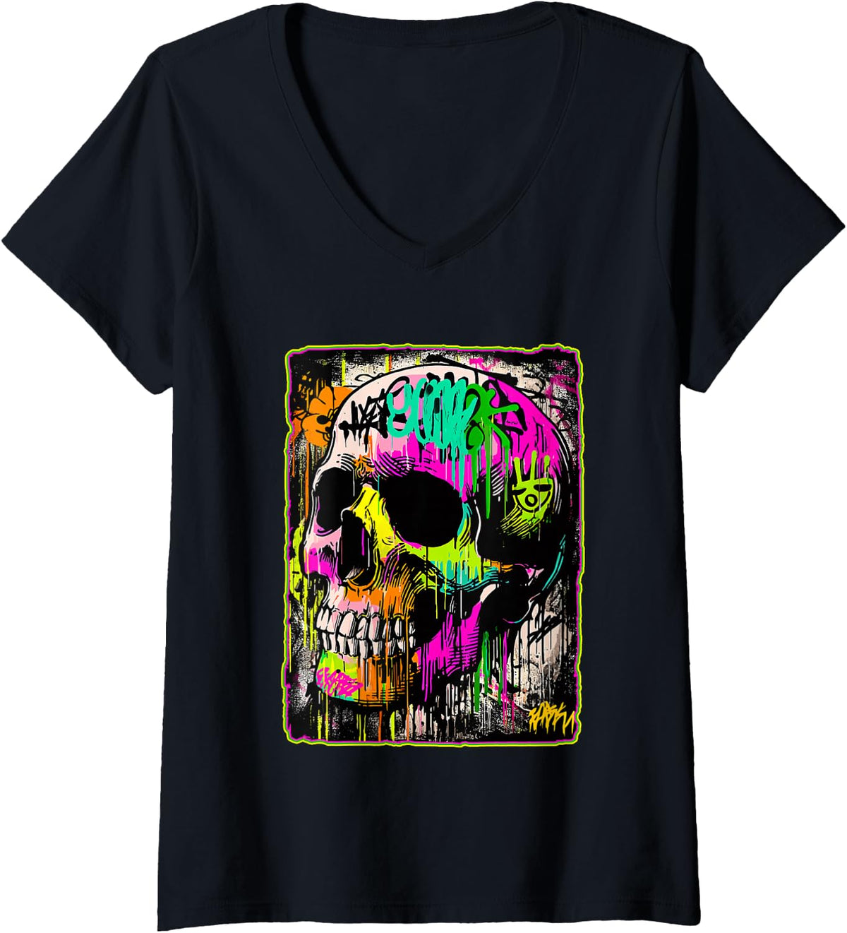 Women's Artistic Punk Skull Graffiti Grunge Skeleton Art Urban 90s V-Neck T-Shirt - Black