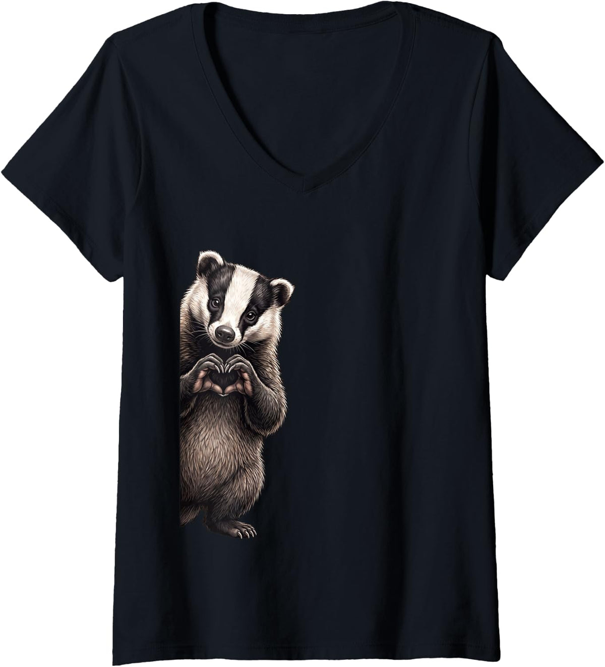 Women's Funny Honey Badger Peeking Heart Sign Cute Valentines V-Neck T-Shirt - Black