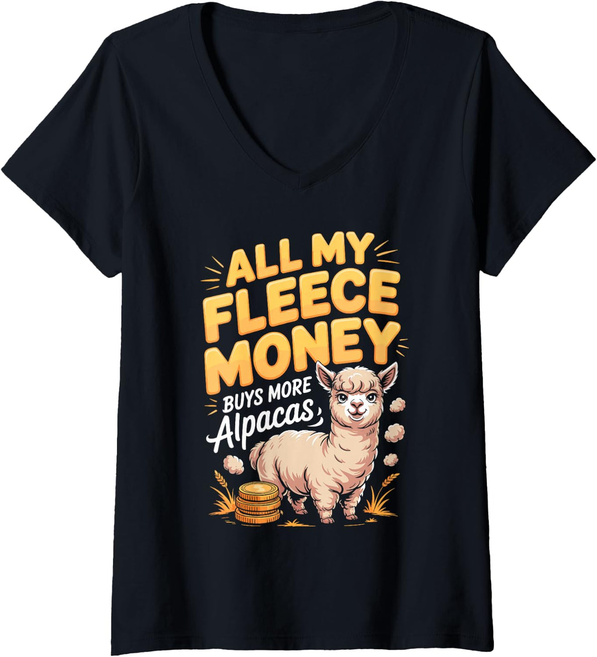 Women's All My Fleece Money Buys More Alpacas Alpaca V-Neck T-Shirt - Black