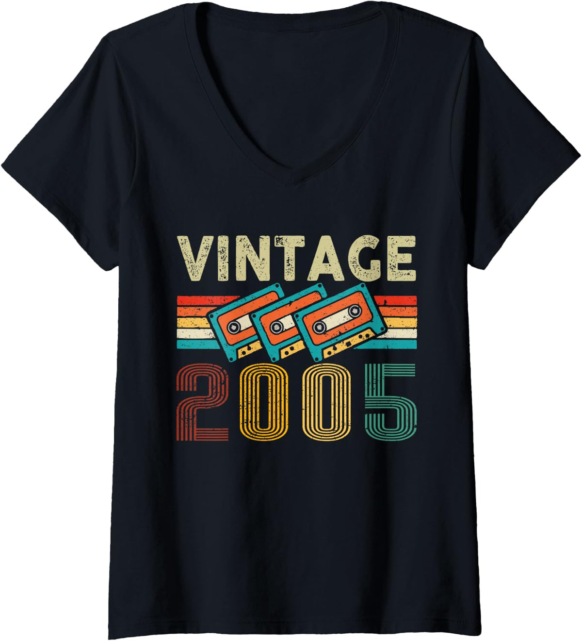 Women's Vintage 2005 Classic Birthday Vintage 2005 Cassette Tape V-Neck T-Shirt - Black