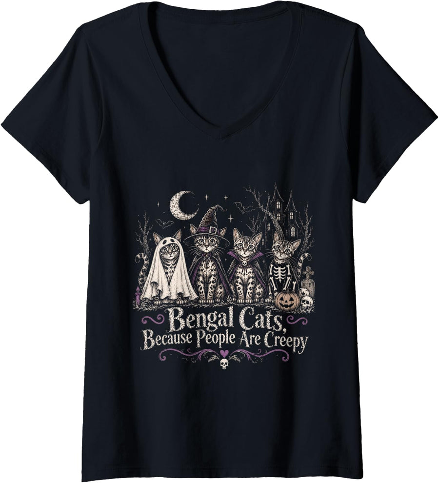 Women's Halloween Bengal Cats Because People are Creepy Funny Cat V-Neck T-Shirt - Black