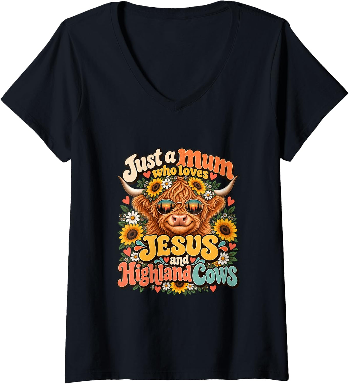 Women's Just a Mum who Loves Jesus and Highland Cows V-Neck T-Shirt - Black