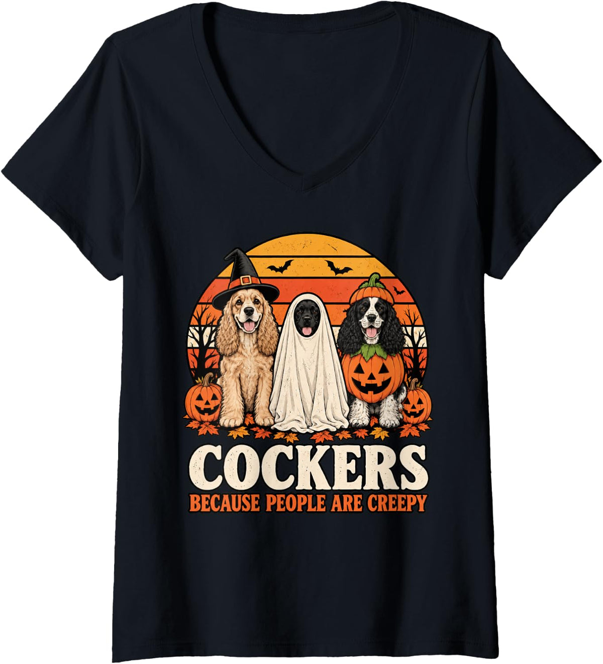 Women's Cockers Because People are Creepy Halloween Cocker Spaniel V-Neck T-Shirt - Black