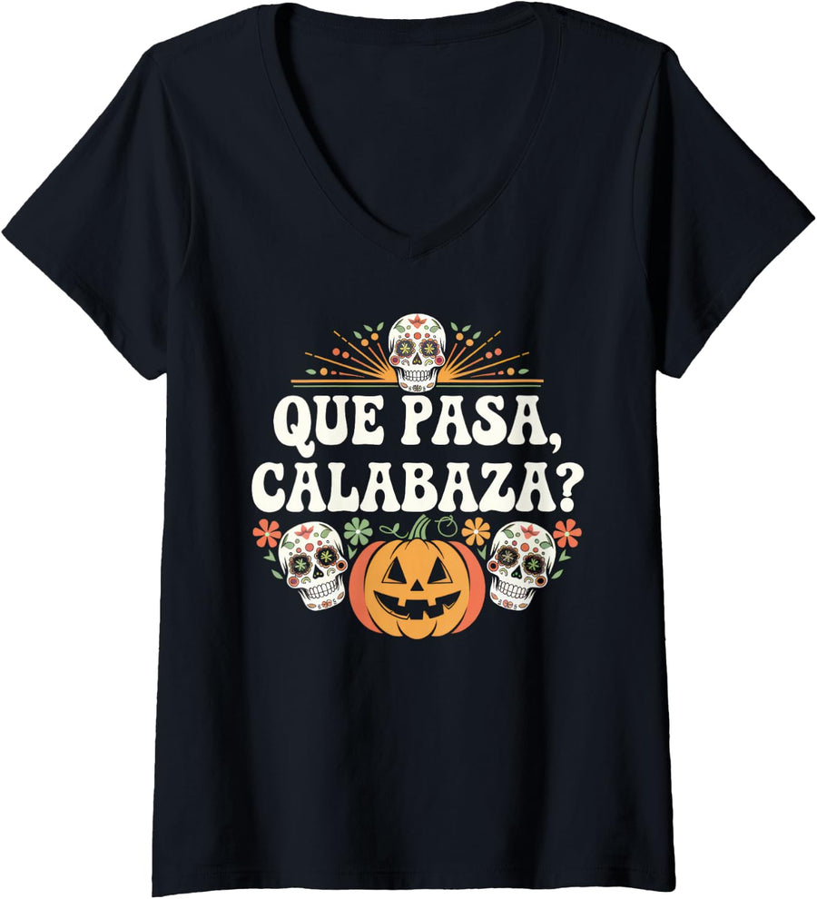 Womens Que Pasa Calabaza Retro Groovy Pumpkin Spanish Teacher V-Neck T-Shirt - Black