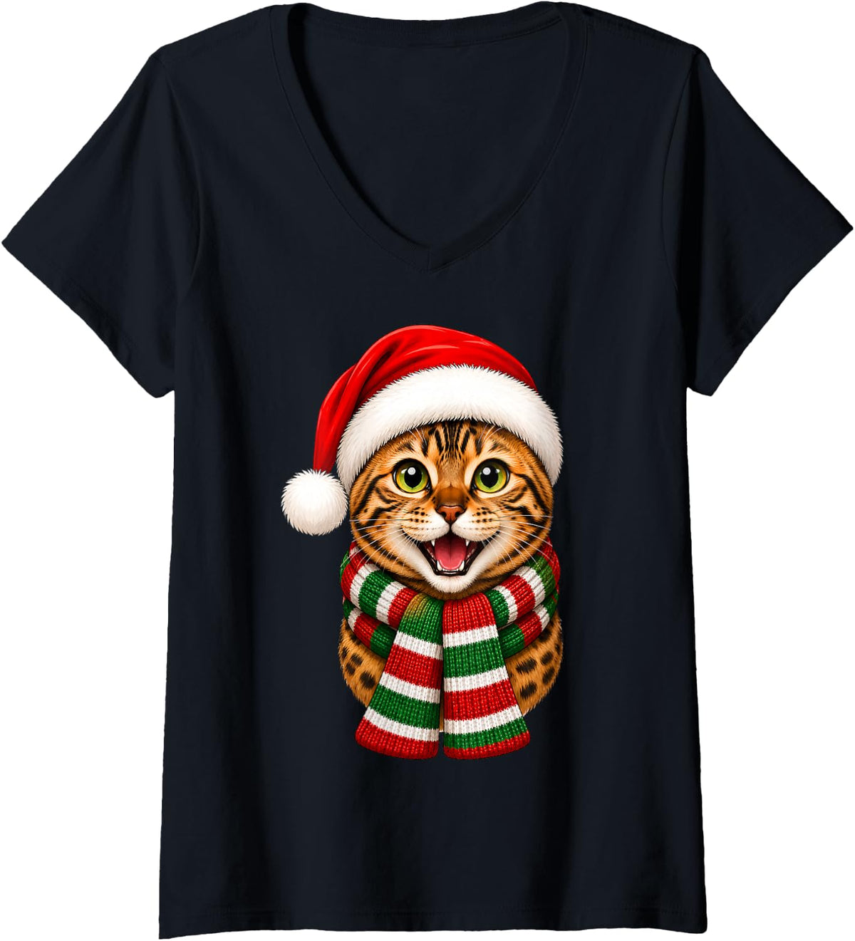 Women's Bengal Cat Christmas Santa Hat Scarf Fun Animal Lover Xmas V-Neck T-Shirt - Black