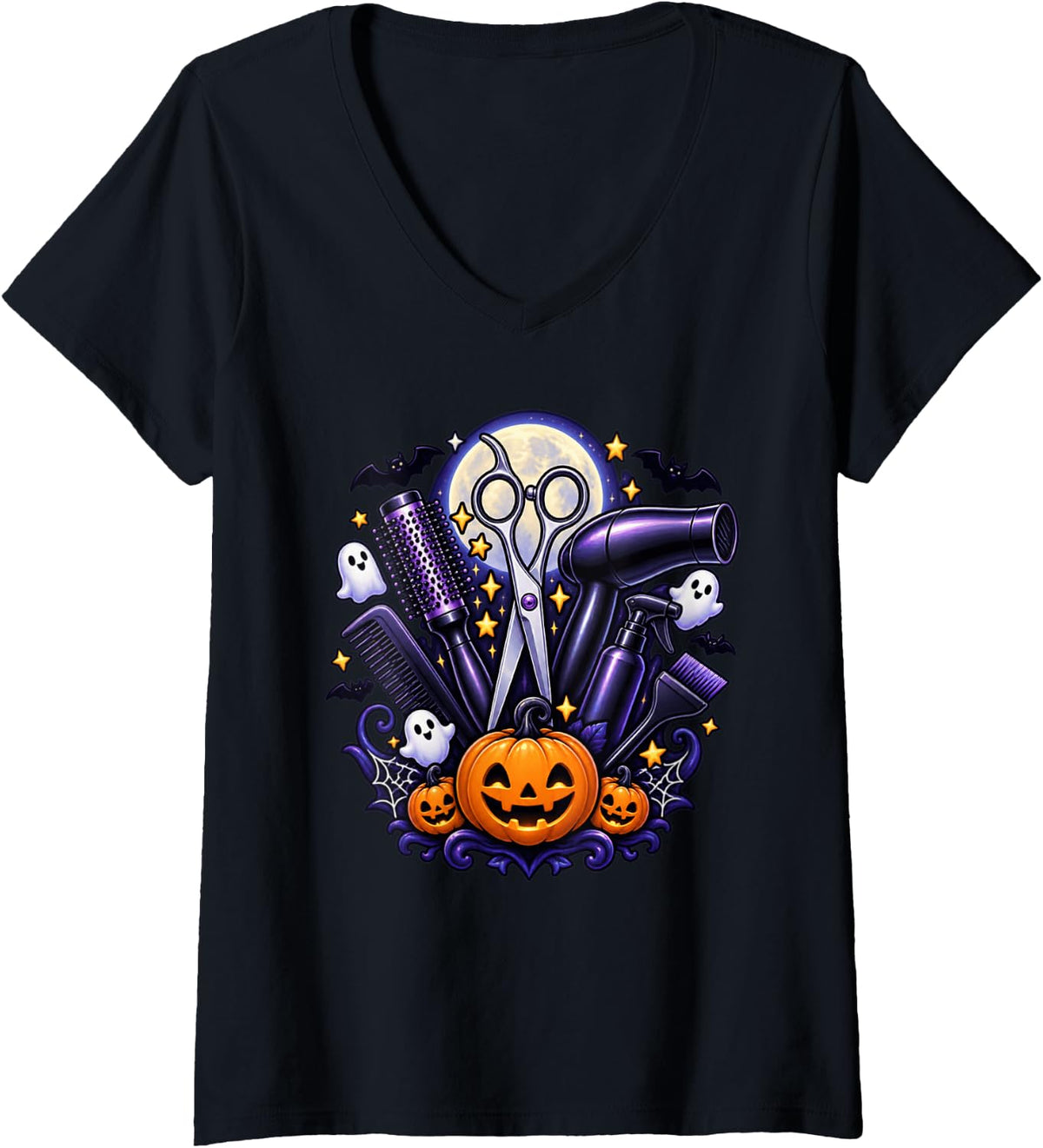 Women's Hair Stylist Halloween Spooky Salon Cosmetologist Barber V-Neck T-Shirt - Black