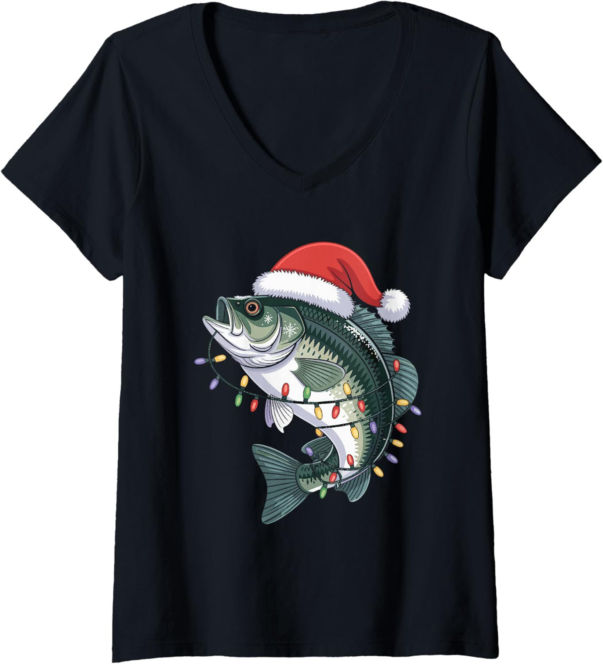 Women's Christmas Fishing Bass with Lights and Santa Hat V-Neck T-Shirt - Black