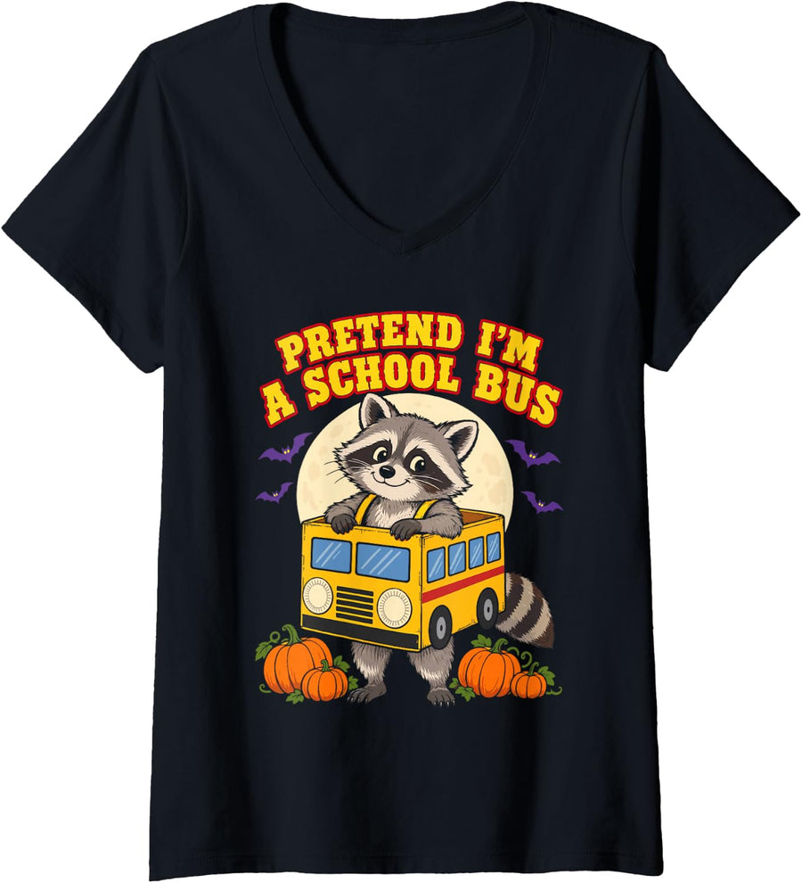 Women's Pretend Im A School Bus Halloween Bus Driver Raccoon Funny V-Neck T-Shirt - Black